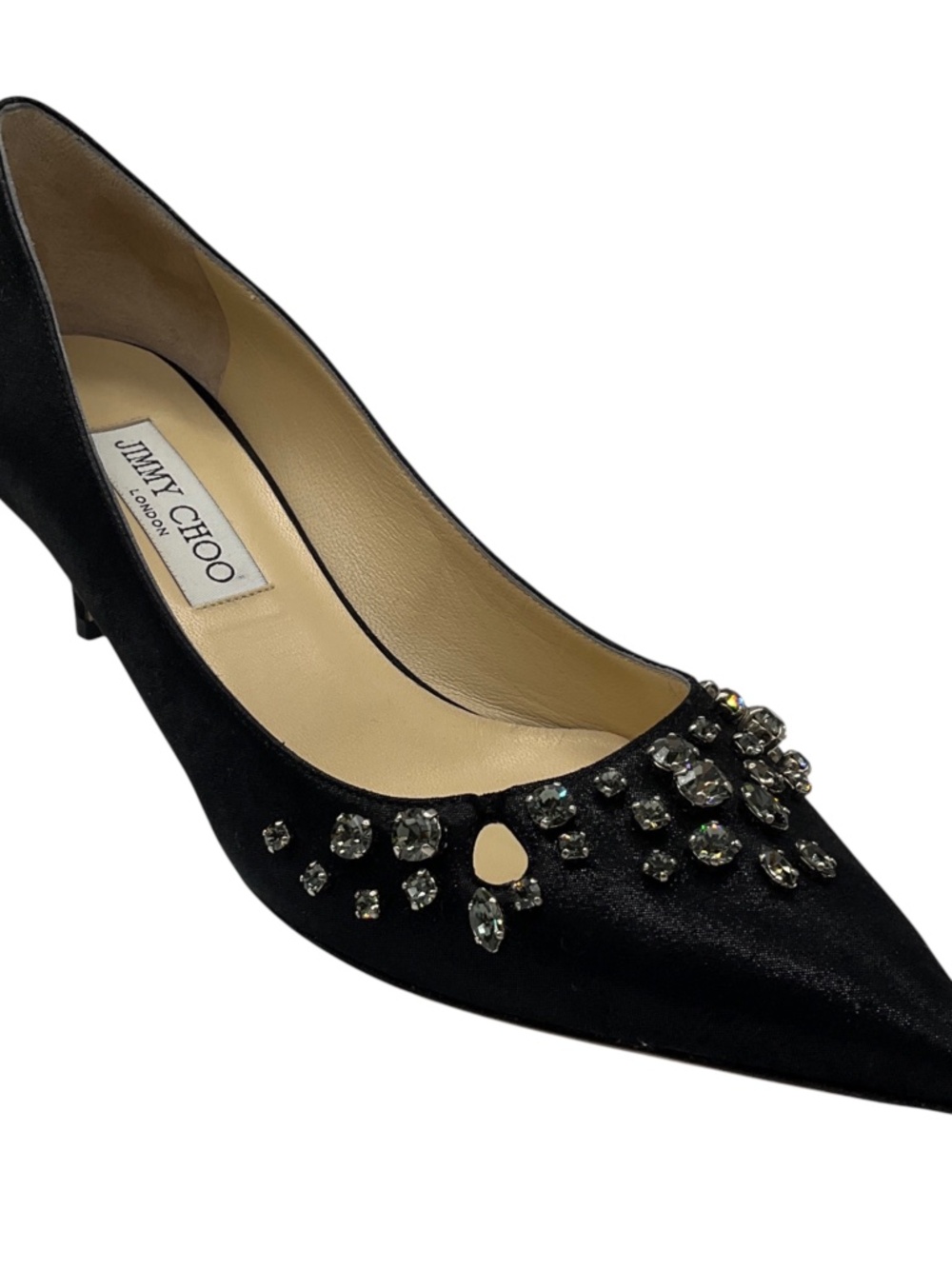 JIMMY CHOO BLACK CRYSTAL EMBELLISHED POINTED TOE MID HEEL SATIN PUMPS